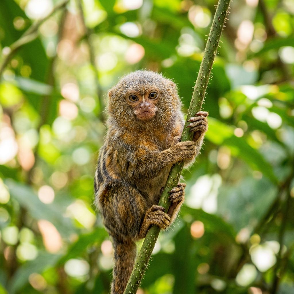 A tiny pygmy marmoset clinging to a thin vine
