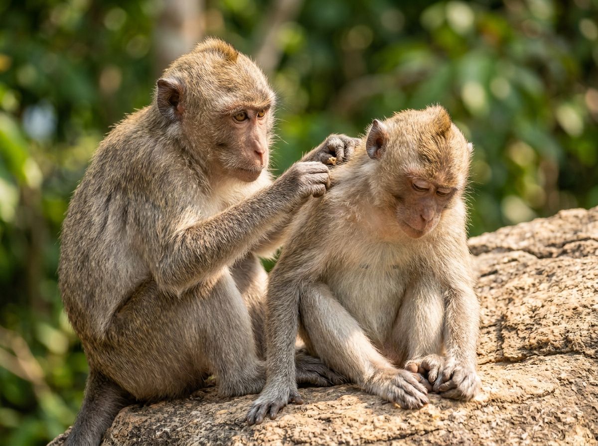 Two monkeys sitting together and grooming each other