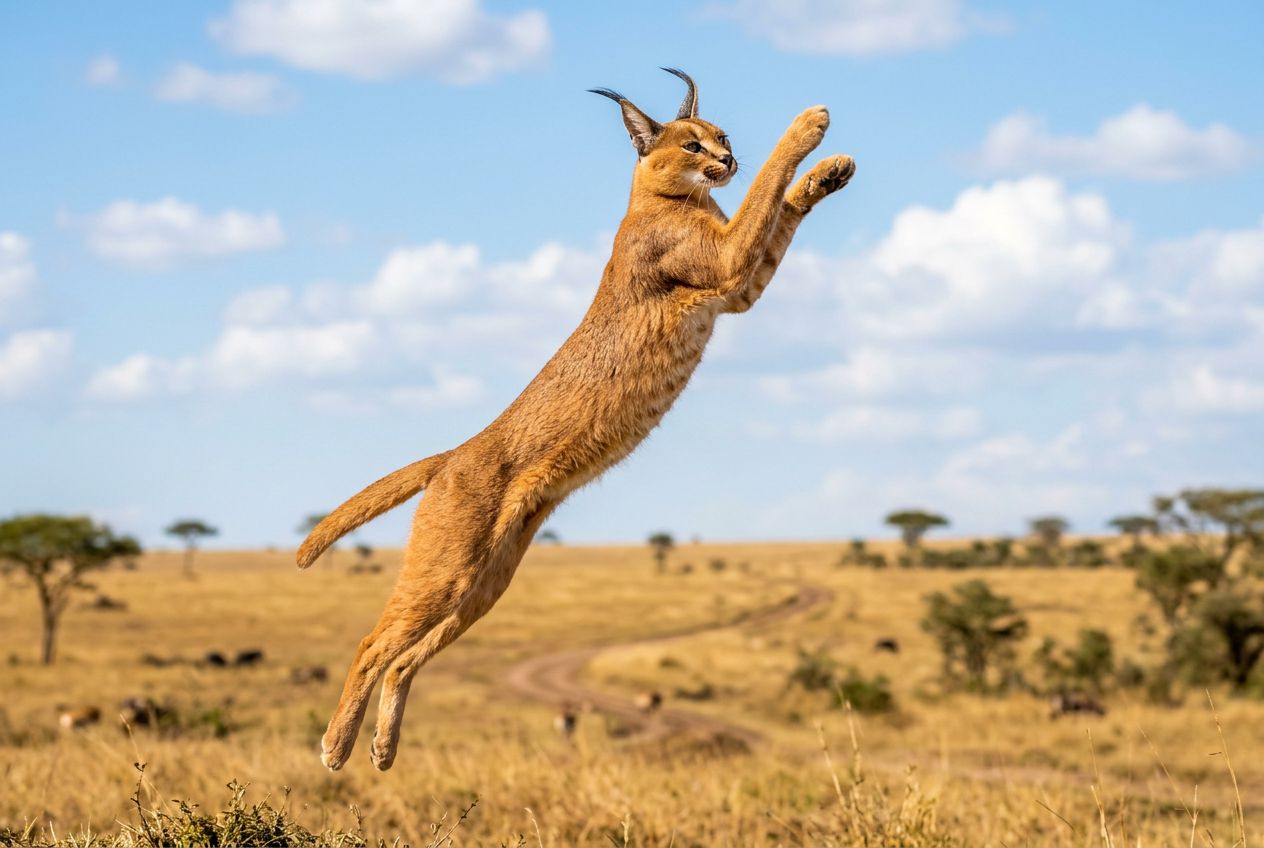 A sleek golden caracal leaping high into the air.