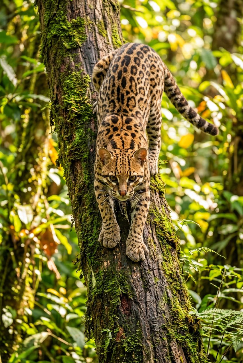An ocelot climbing face-first down a jungle tree trunk.