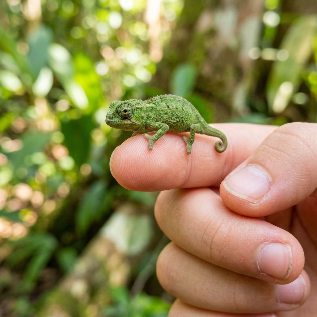 A tiny green nano-chameleon sitting on a fingertip