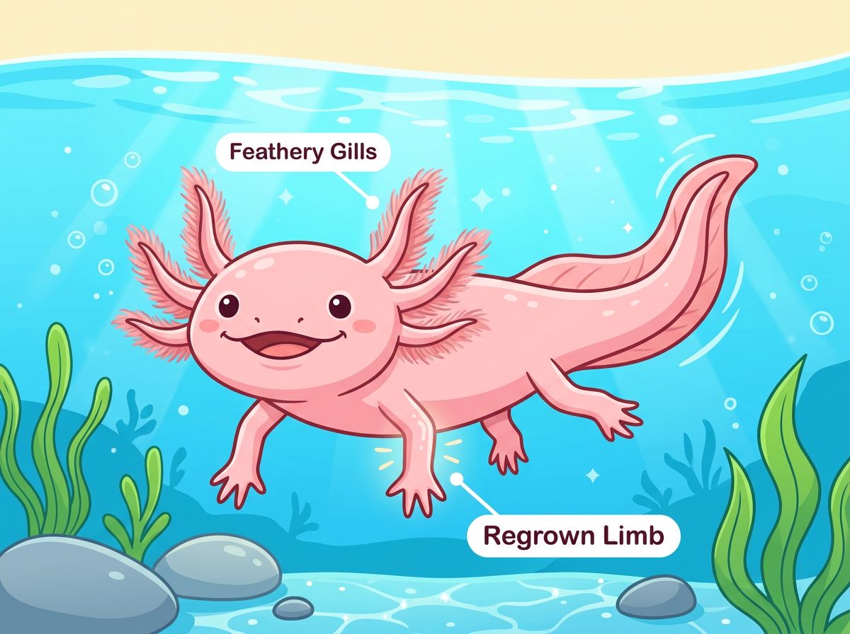 A friendly pink axolotl swimming with labels pointing to its gills and limb.
