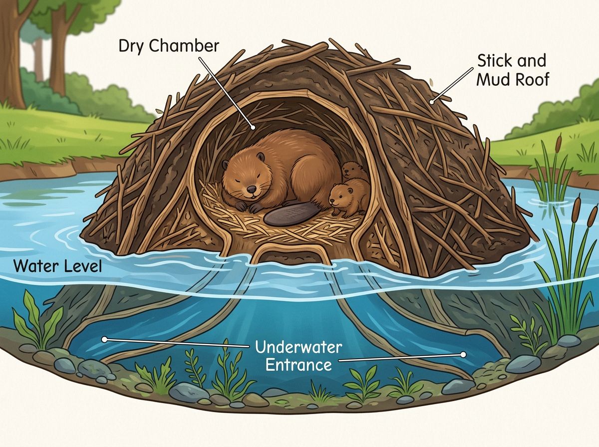 Cross-section of a beaver lodge showing the dry chamber and underwater entrance