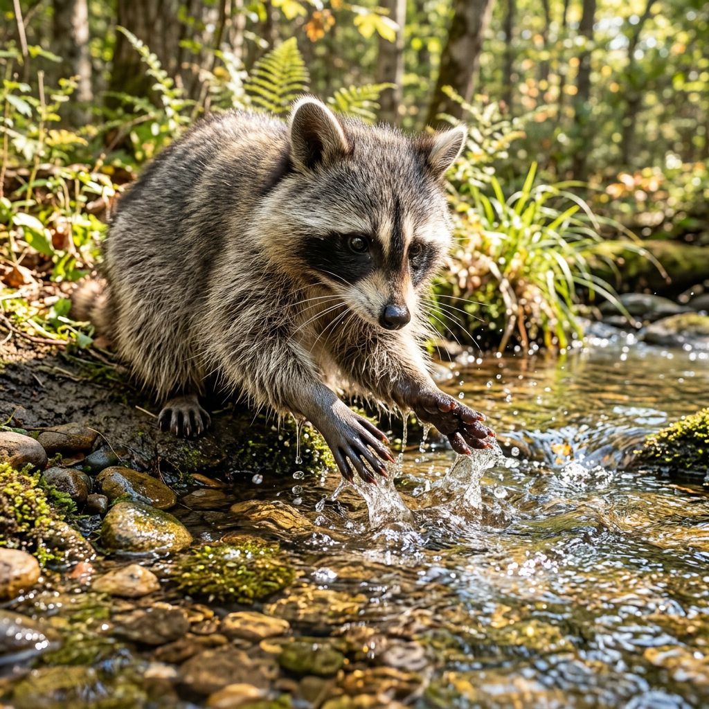 Close-up of a raccoon dipping its paws in a sunny stream.