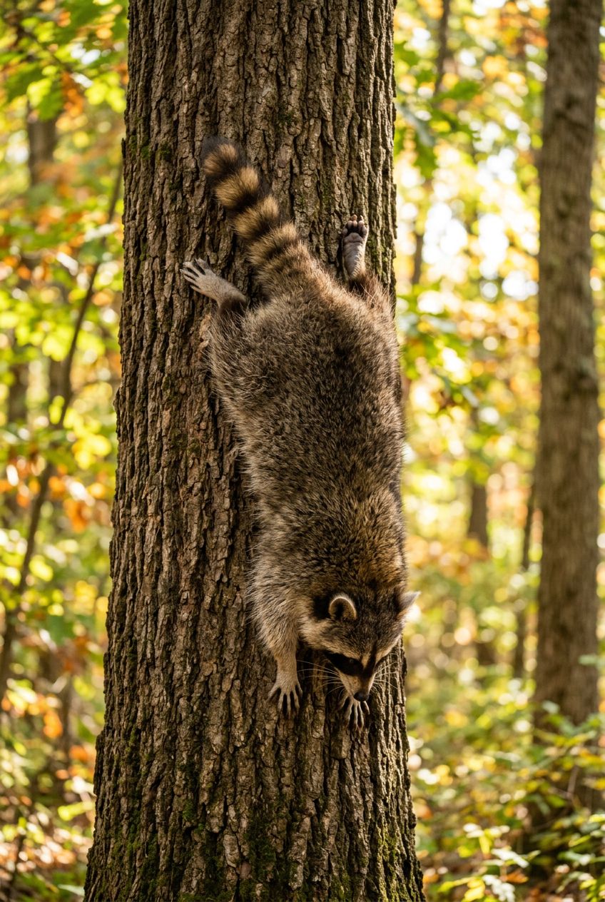 A raccoon climbing headfirst down a tree trunk.