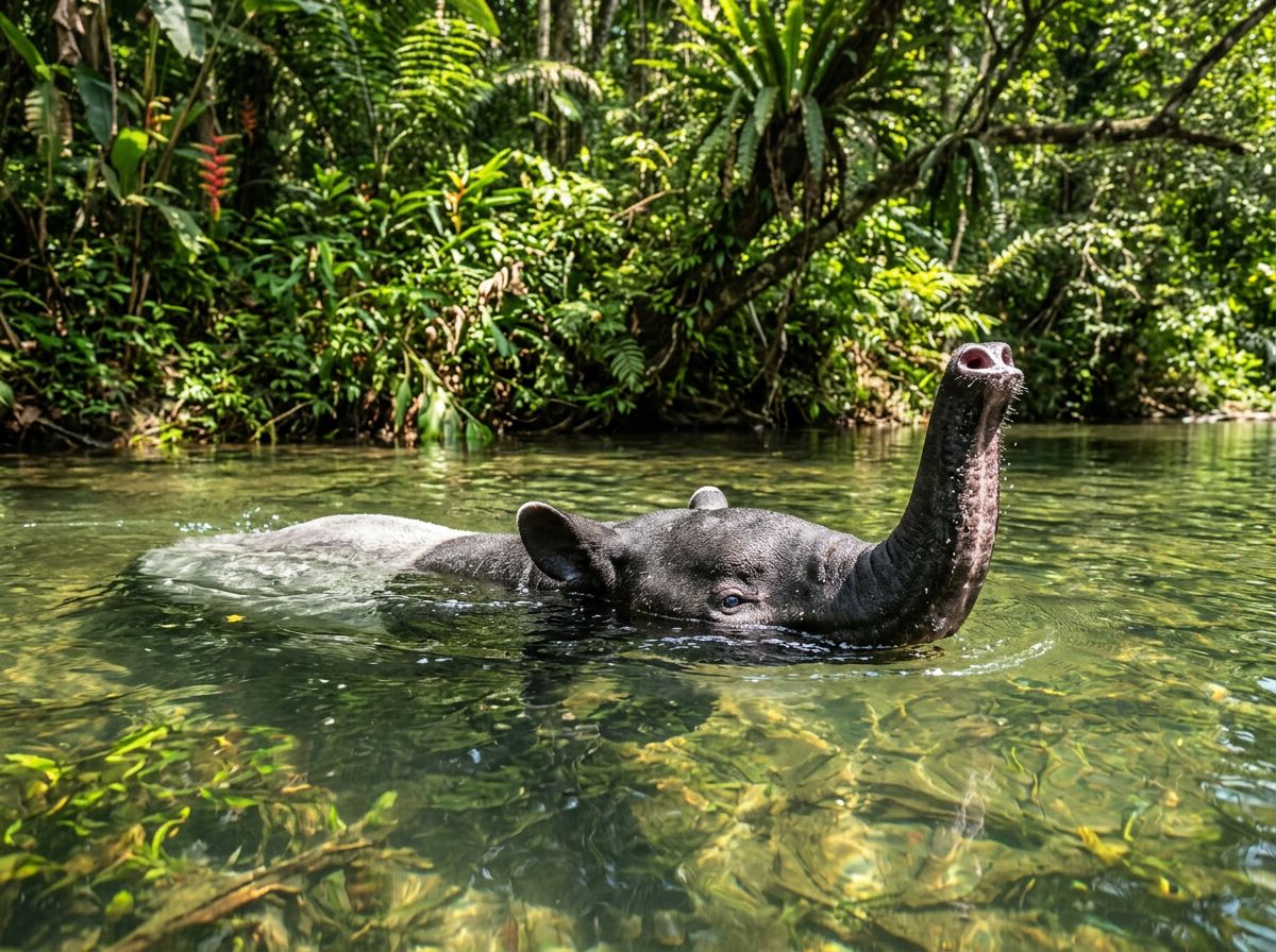 A tapir swimming with its snout above the water
