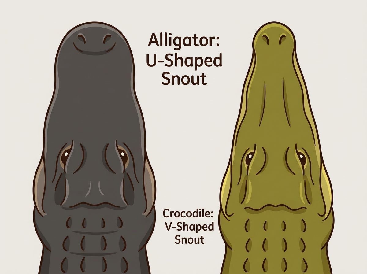 Top-down illustration comparing a U-shaped alligator snout to a V-shaped crocodile snout