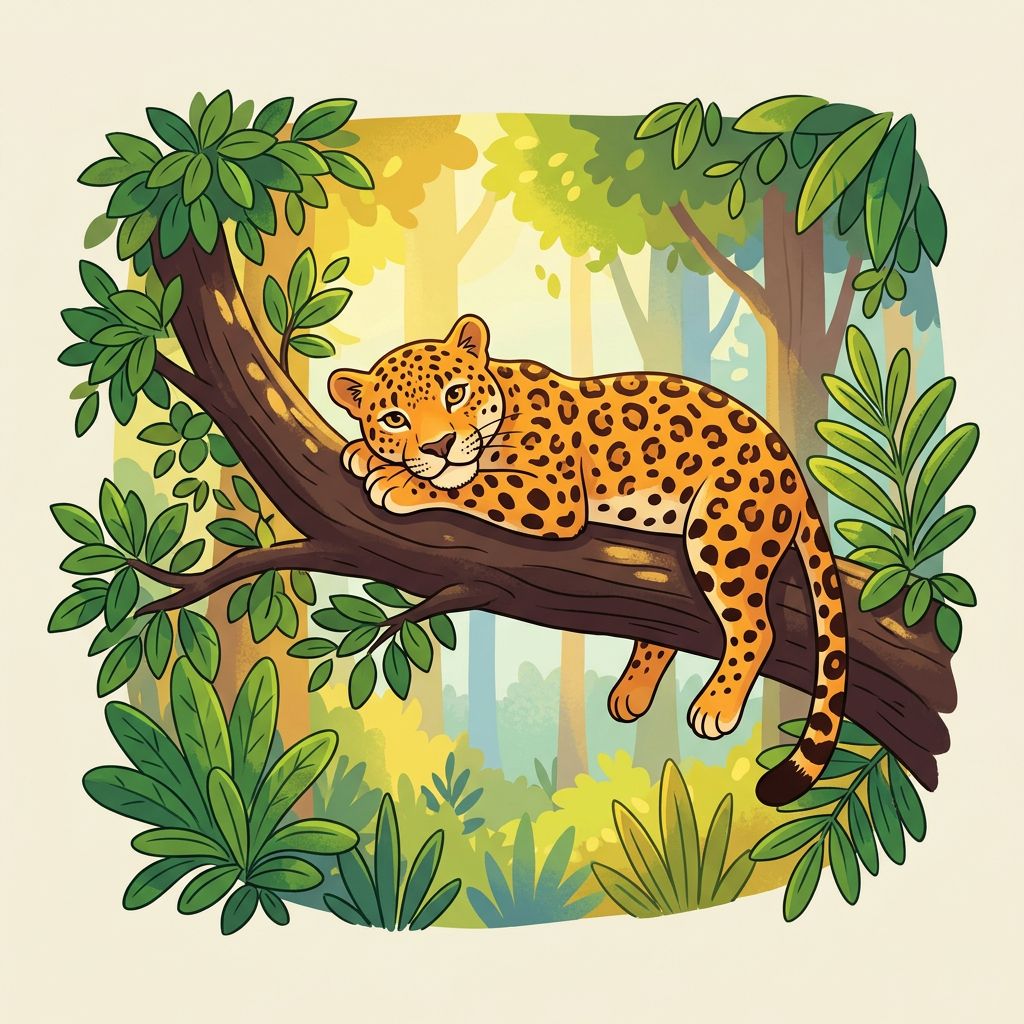 A colorful illustration of a leopard on a tree branch.
