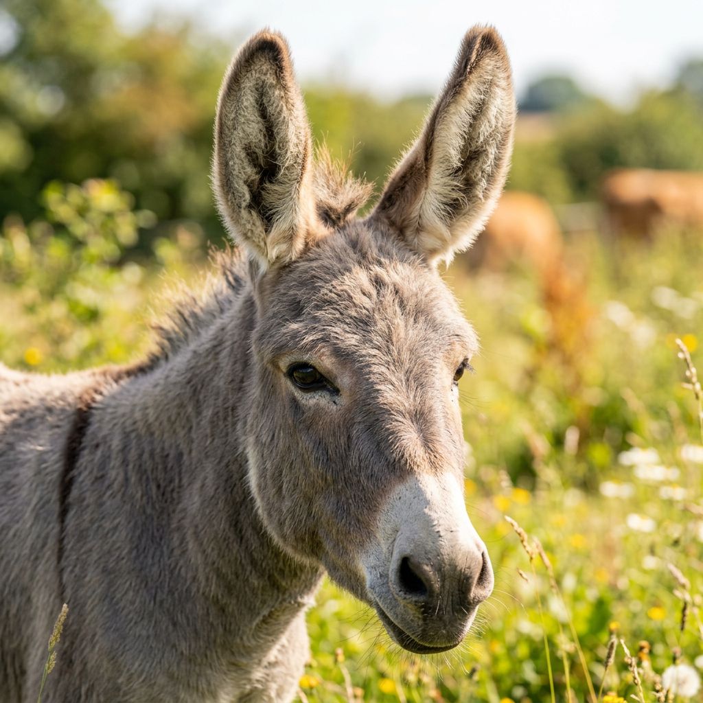 A close-up of a friendly donkey showing its large ears.