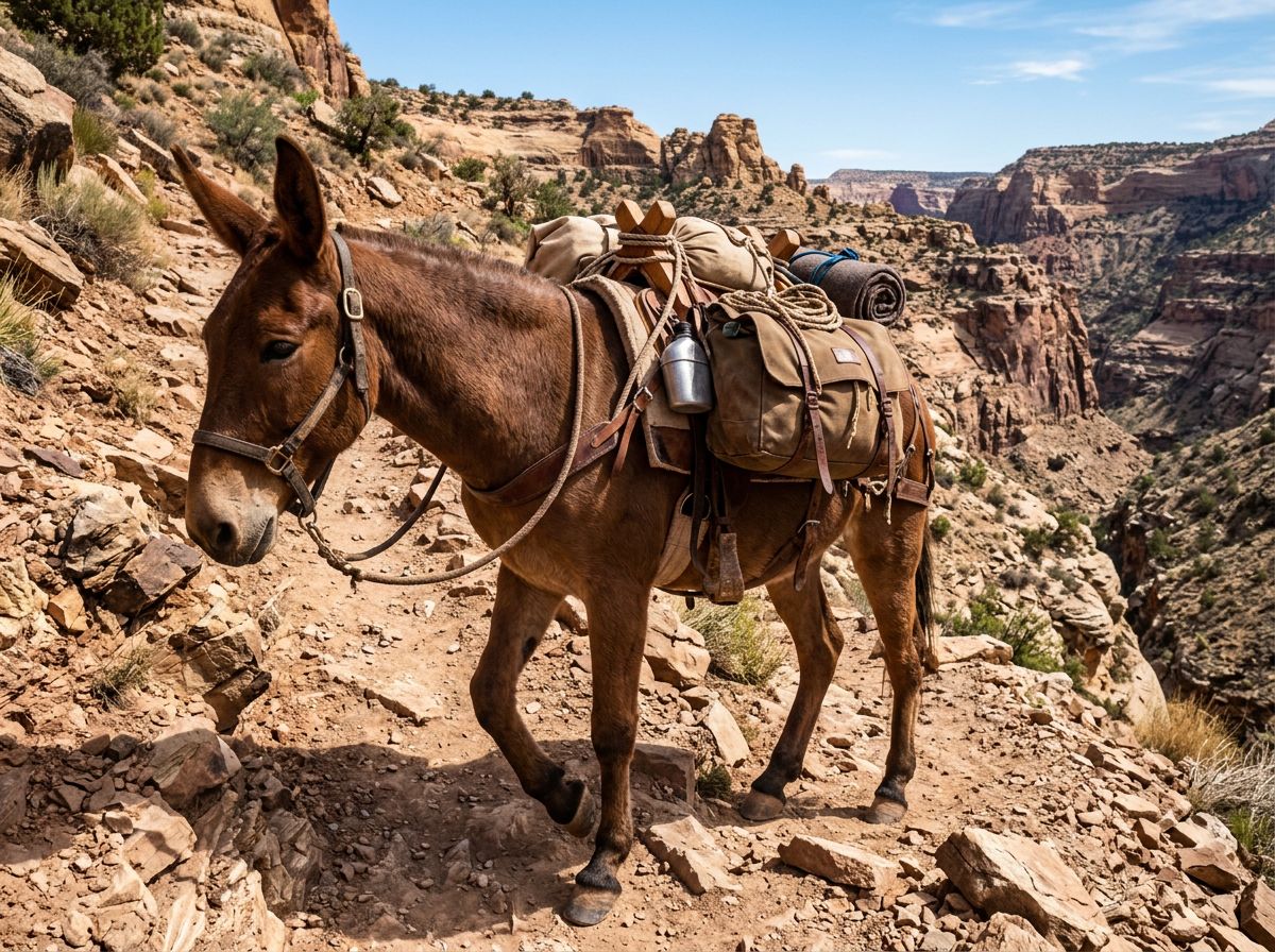 A sturdy pack mule walking on a sunny canyon trail.