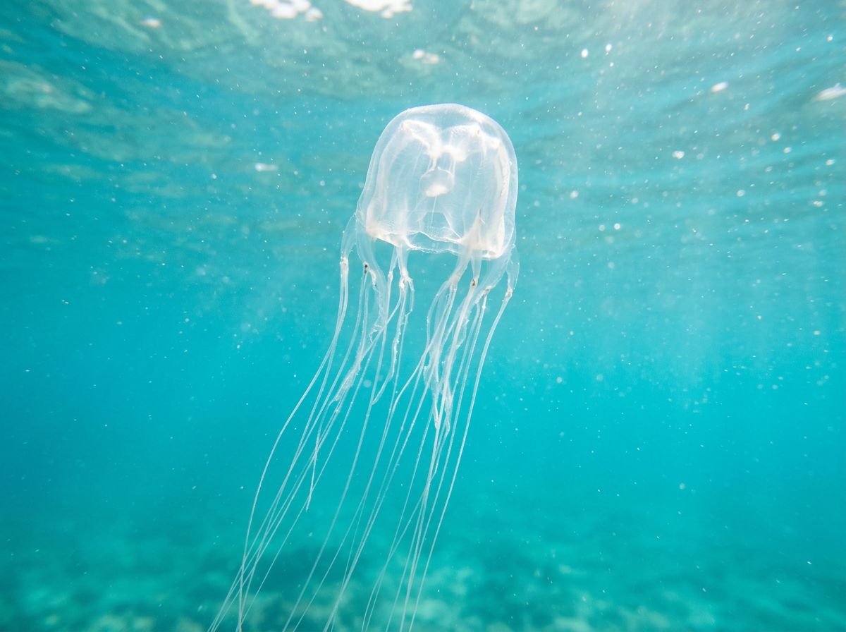 A translucent box jellyfish floating in bright blue ocean water