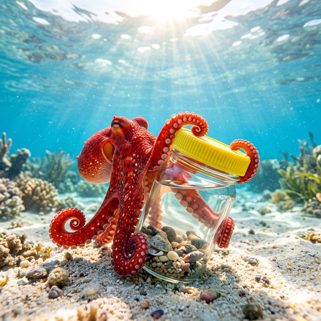 An octopus unscrewing a jar lid underwater.