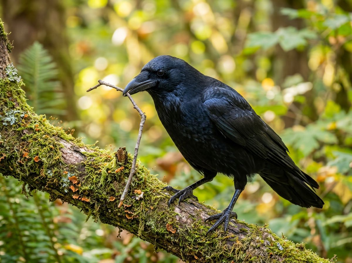 A crow holding a small twig tool in its beak.