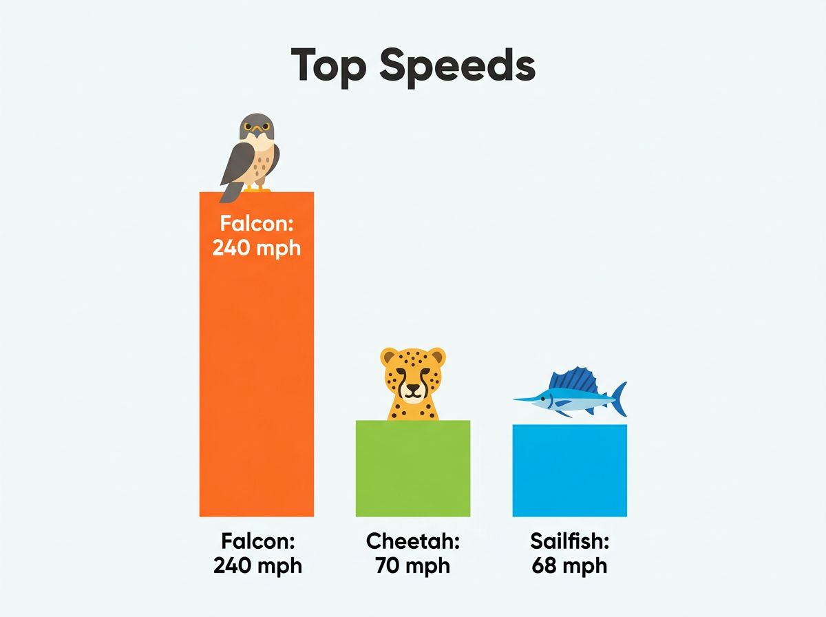 A colorful bar chart comparing the top speeds of a falcon, cheetah, and sailfish.