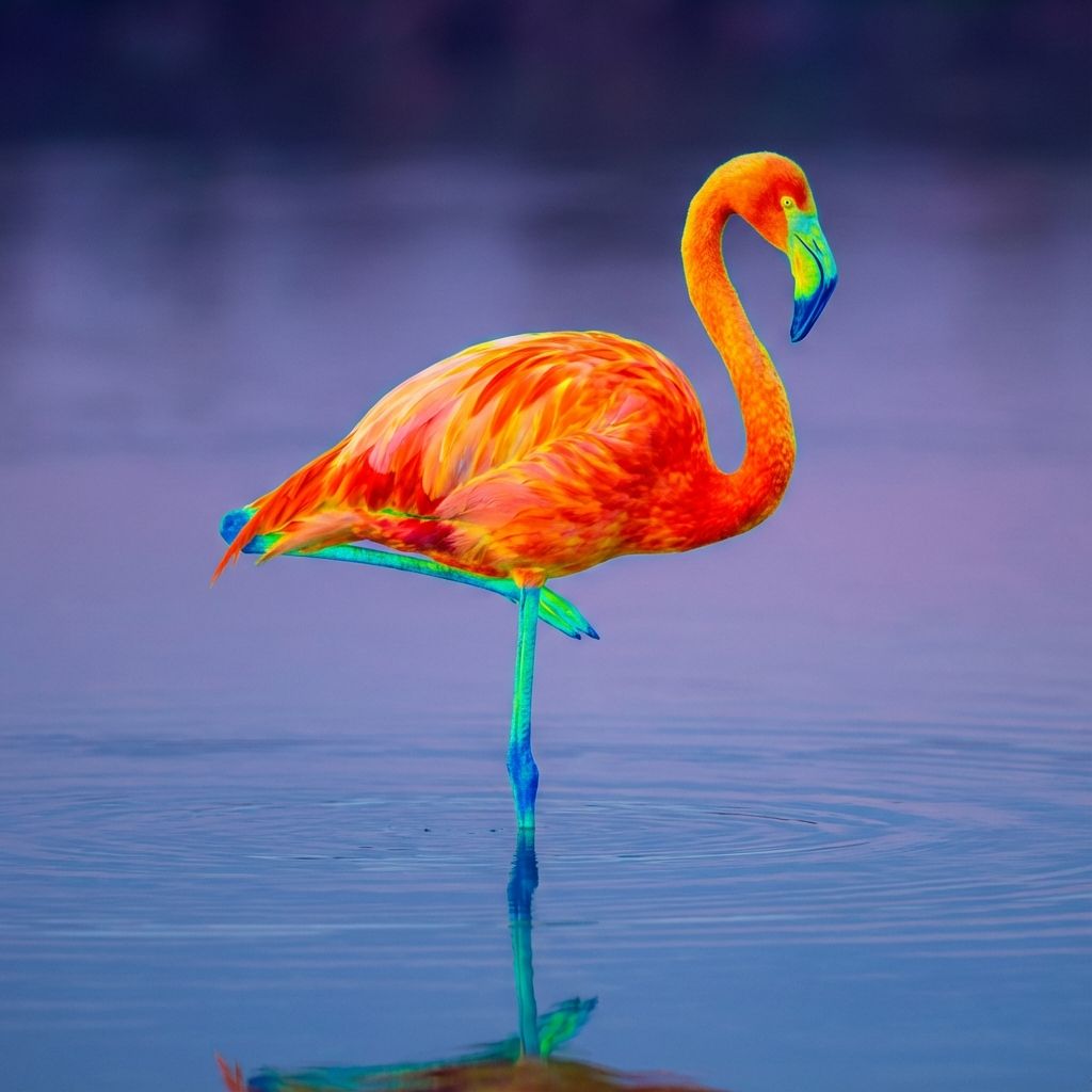 A flamingo standing on one leg with a red thermal glow effect around the tucked leg and body to show warmth, and a blue tint on the exposed leg to show cold