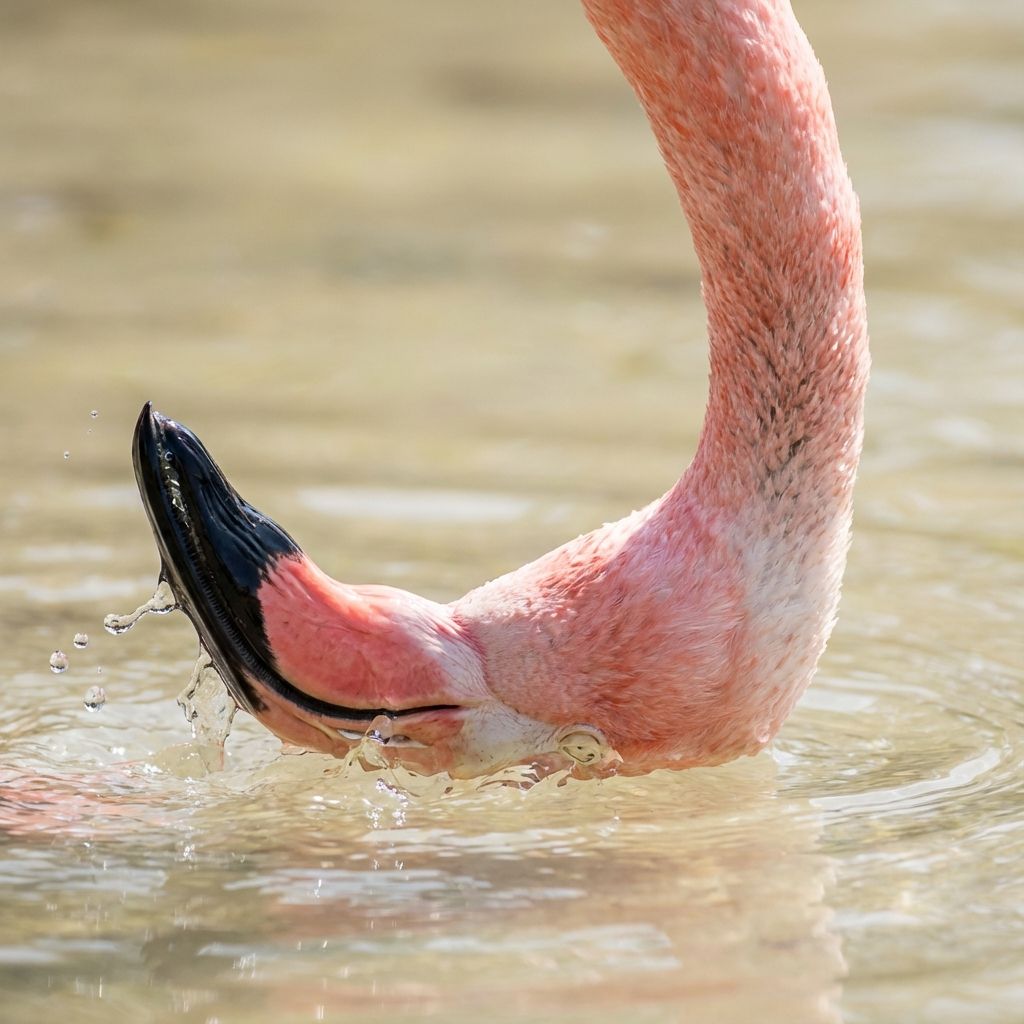 Extreme close-up of a flamingo head upside down in water, side profile showing the beak filtering water