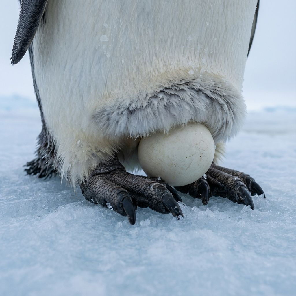 Male penguin with egg on feet