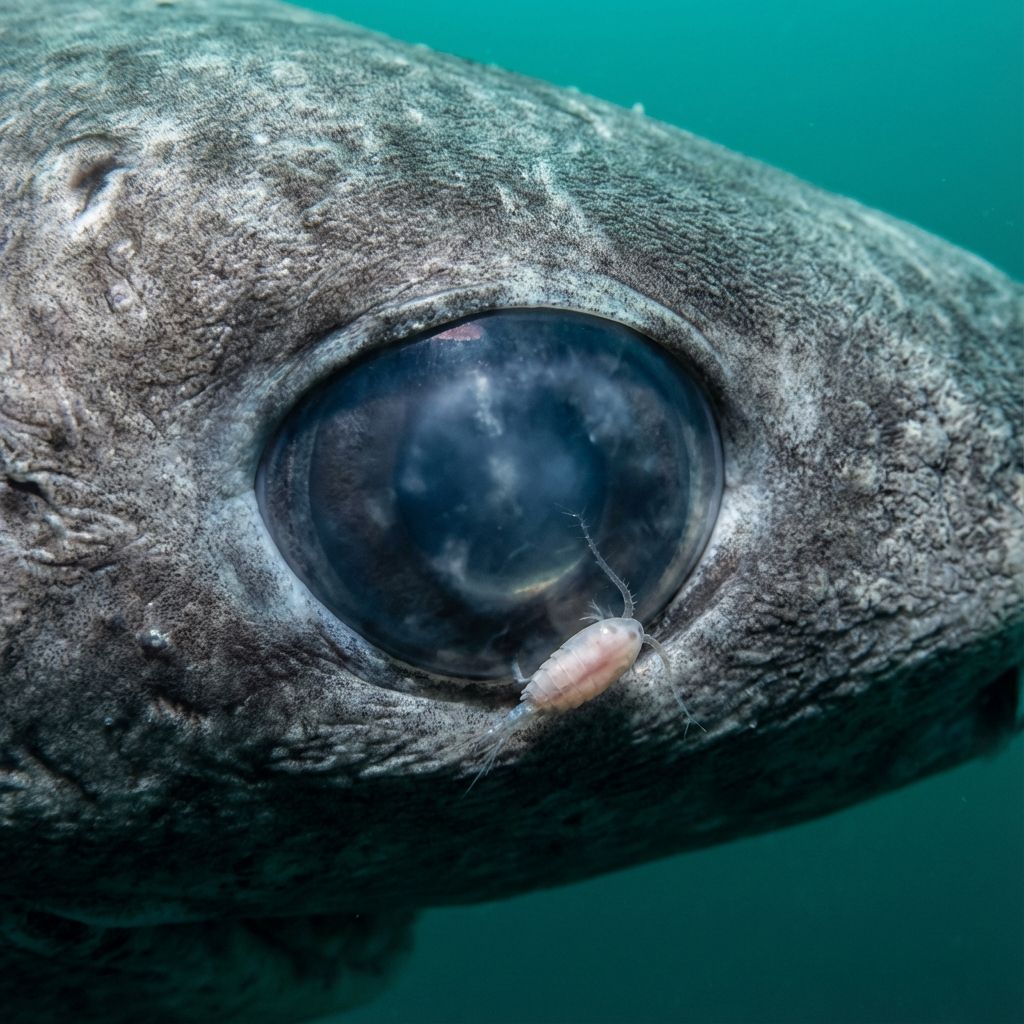 Close-up of a Greenland shark eye with a copepod parasite