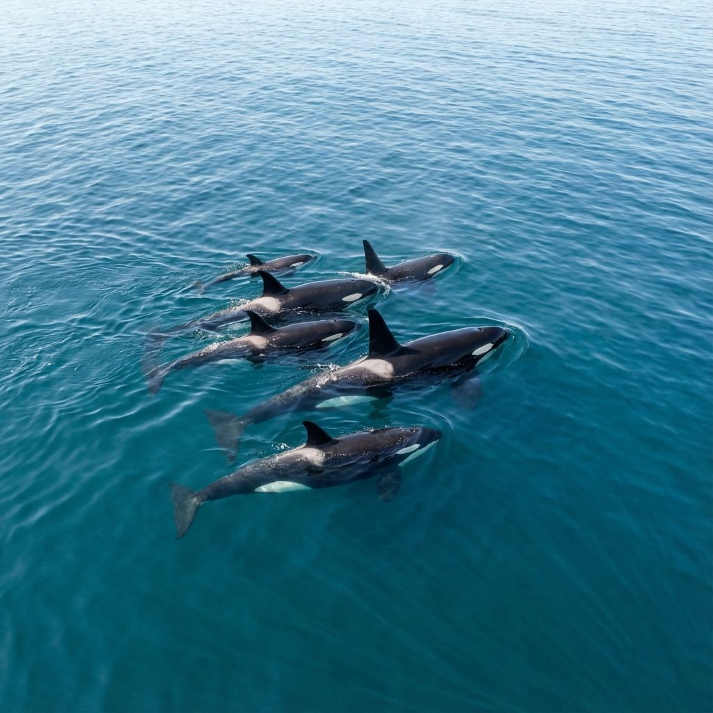 A pod of killer whales swimming together