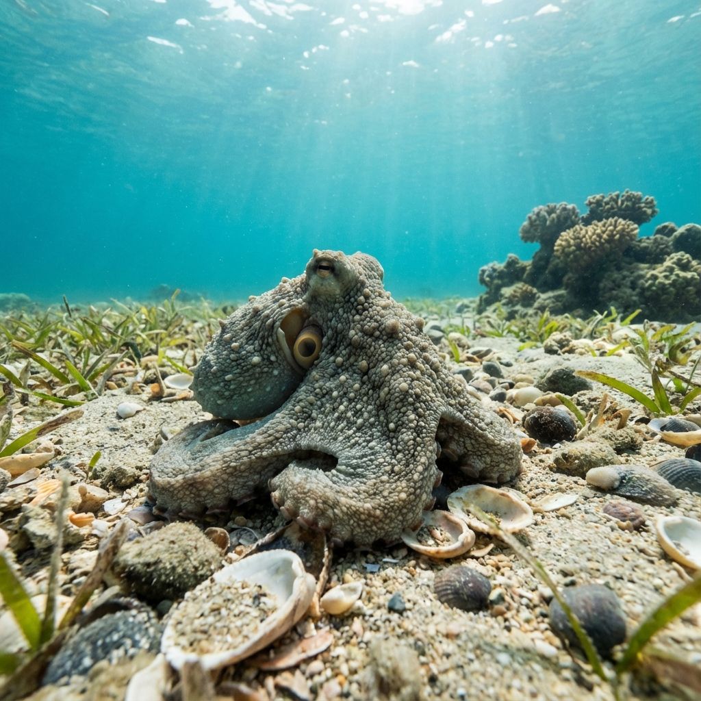 Octopus camouflaged against sand