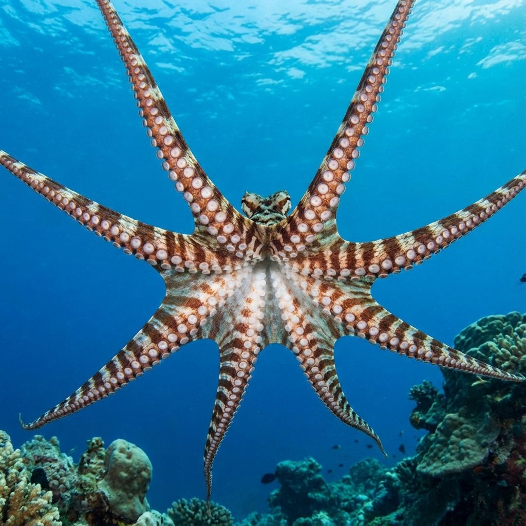 Mimic octopus spreading its arms to look like a lionfish