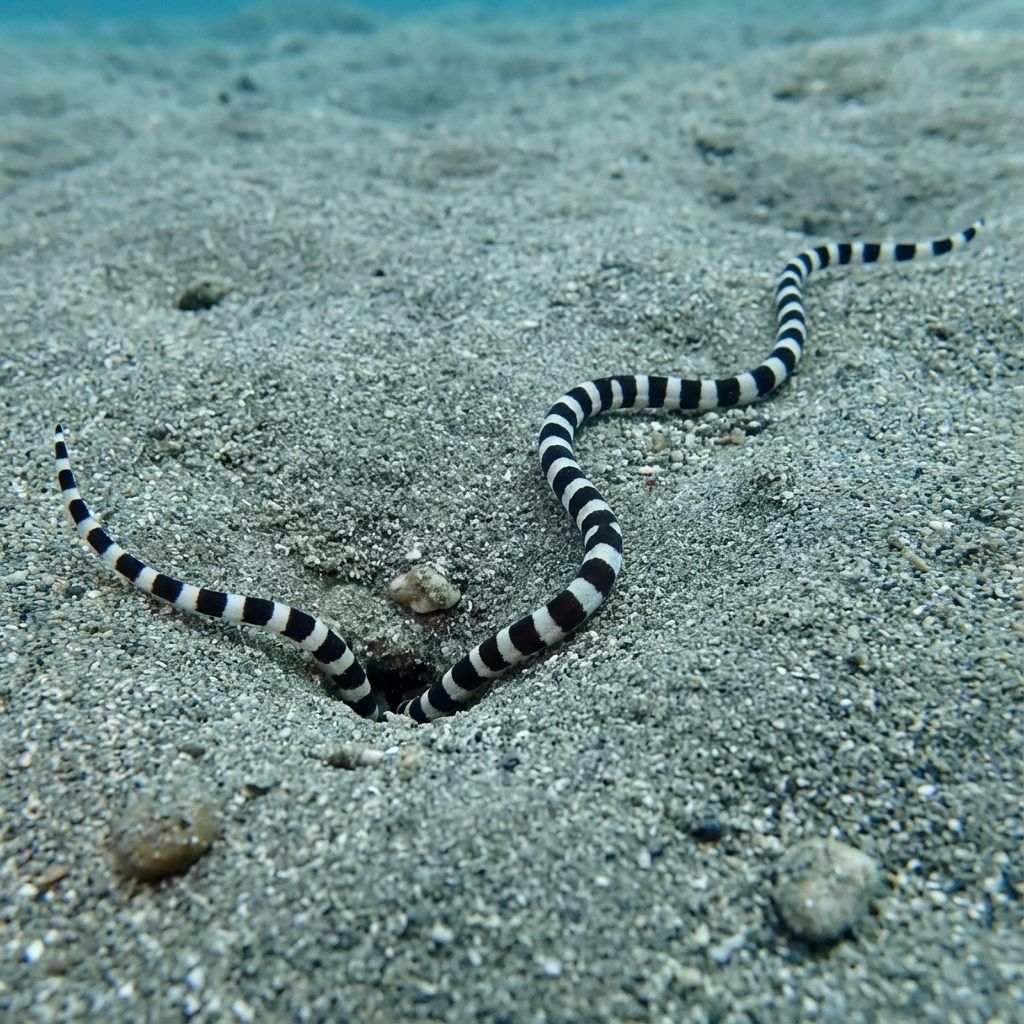Mimic octopus burying itself with two arms out like a snake
