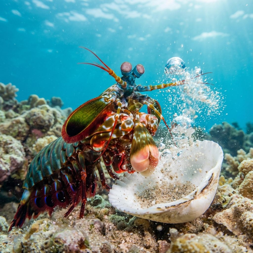 Mantis shrimp striking a shell