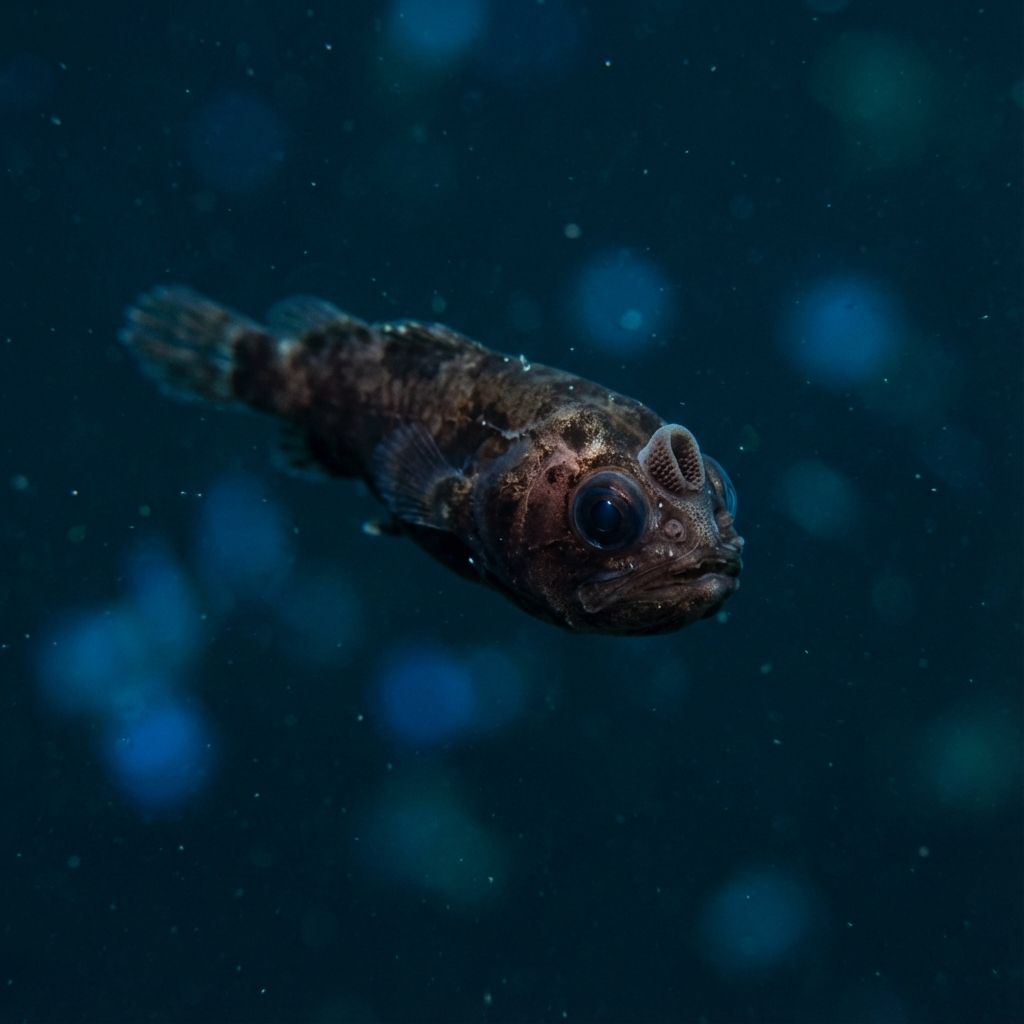 A tiny male anglerfish swimming in dark water