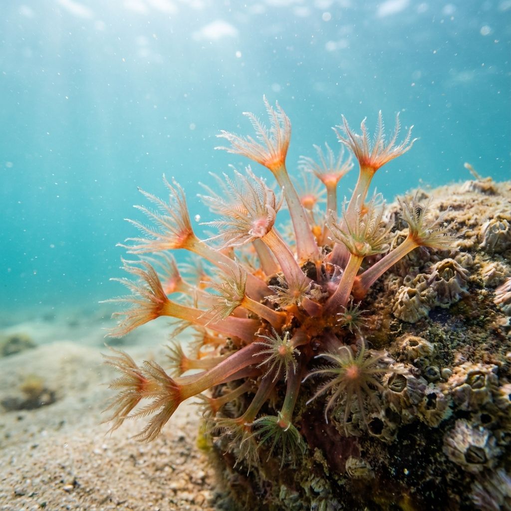 A colony of jellyfish polyps attached to a rock on the ocean floor