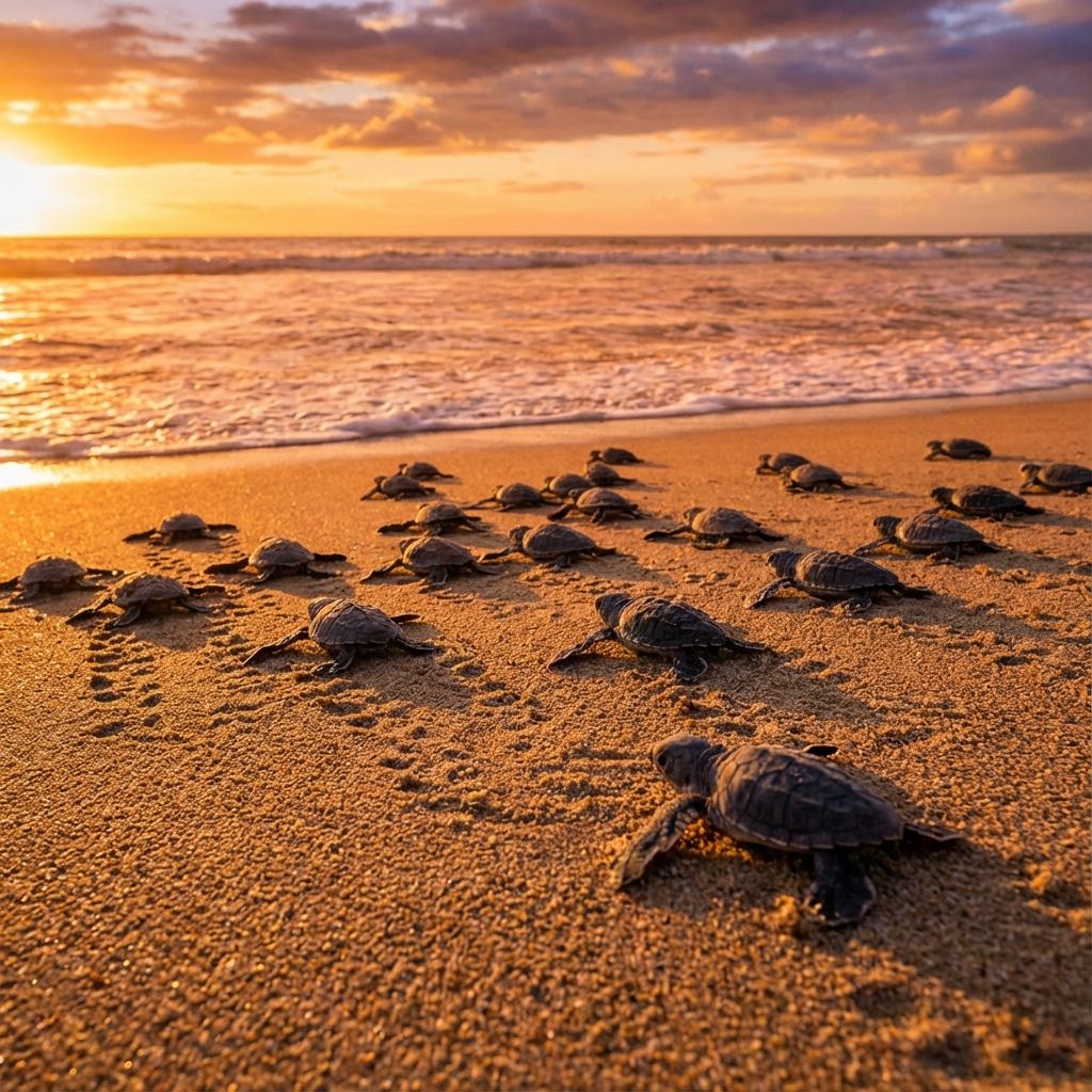Baby sea turtle hatchlings crawling on sand towards the ocean