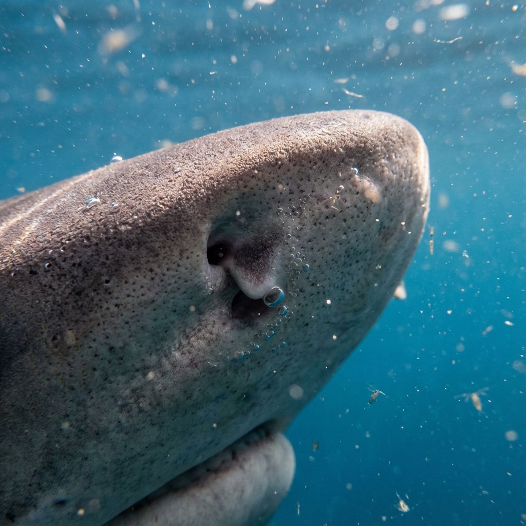 Extreme close-up of a shark's snout showing the nostrils