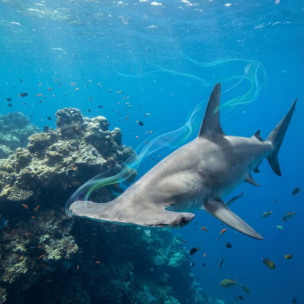 A shark tracking a scent trail illustrated as colored wisps