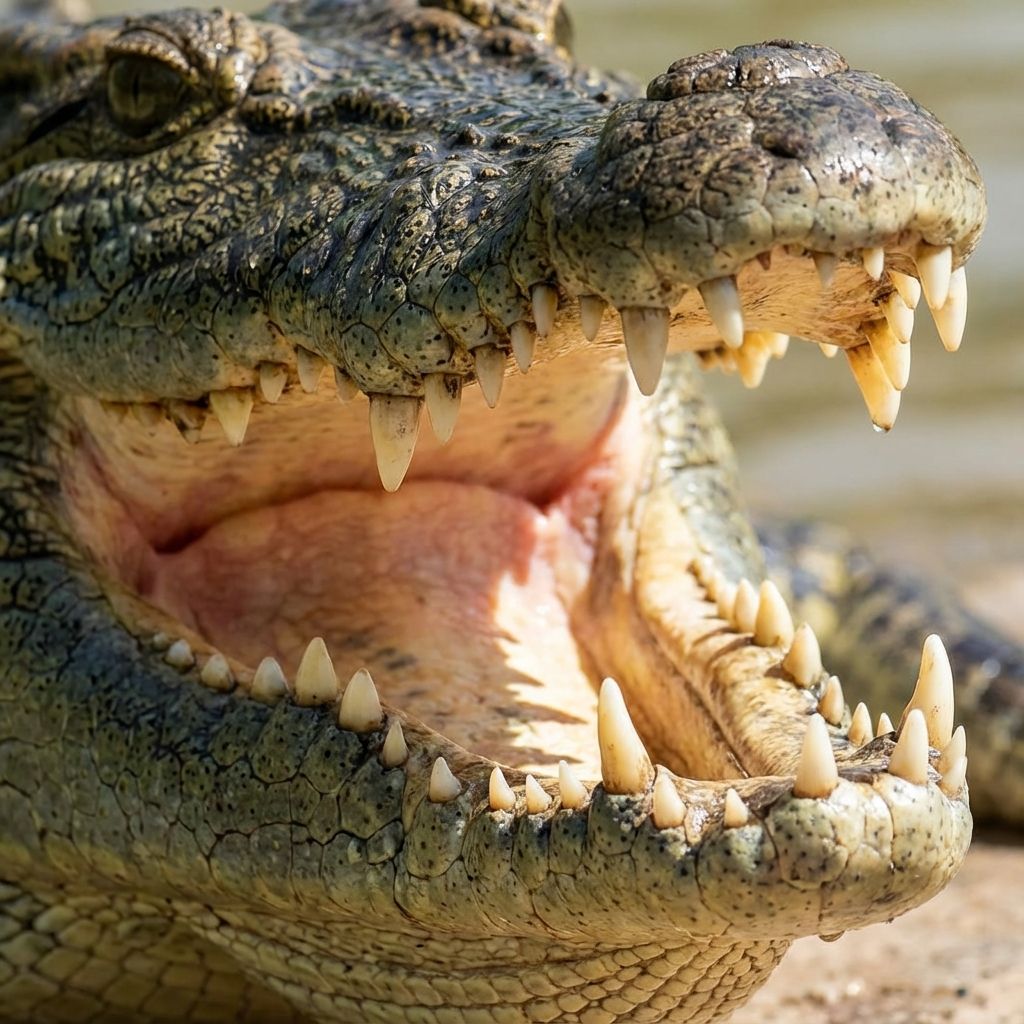 Extreme close-up of a crocodile's open mouth showing the sharp conical teeth and the throat valve at the back
