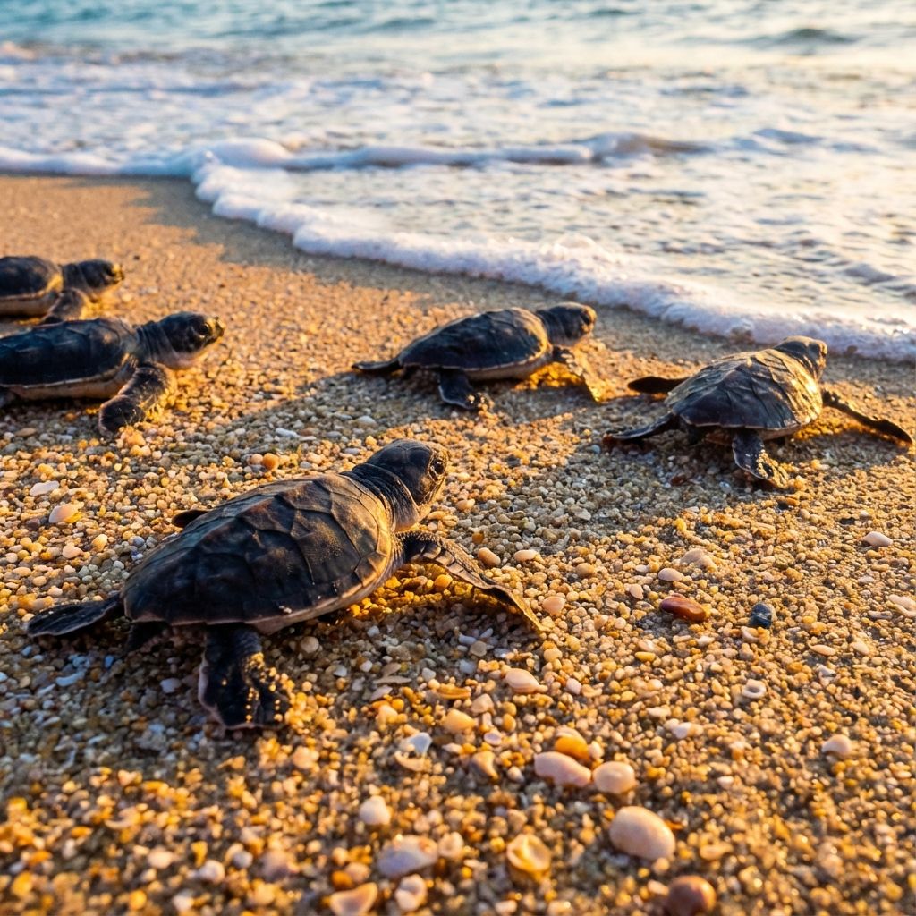 Baby sea turtles crawling on sand