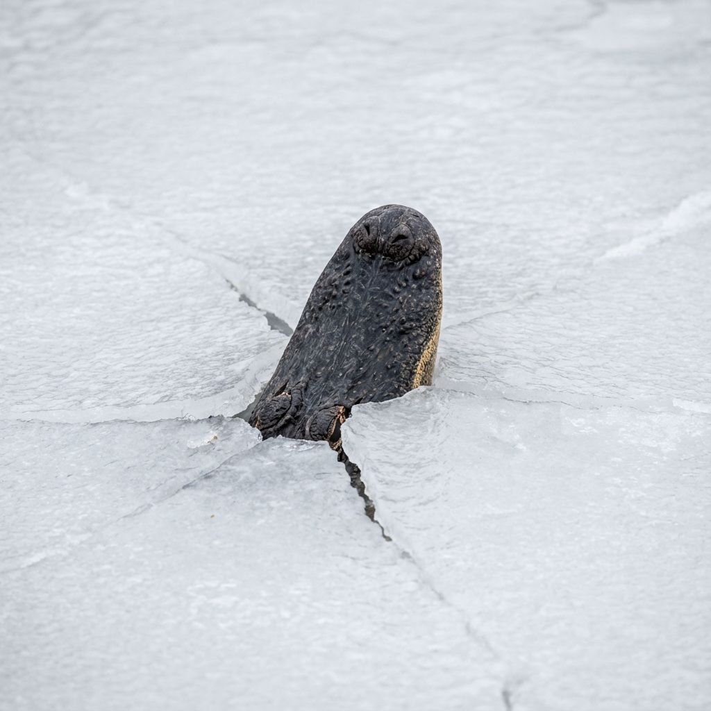Close-up of alligator snout in ice