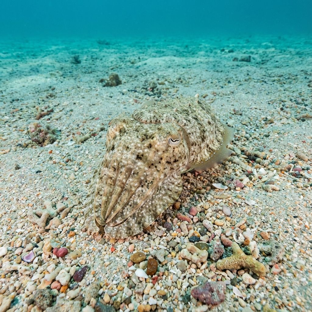 A cuttlefish resting on the sandy ocean floor, its skin matched perfectly to the color and texture of the sand and pebbles