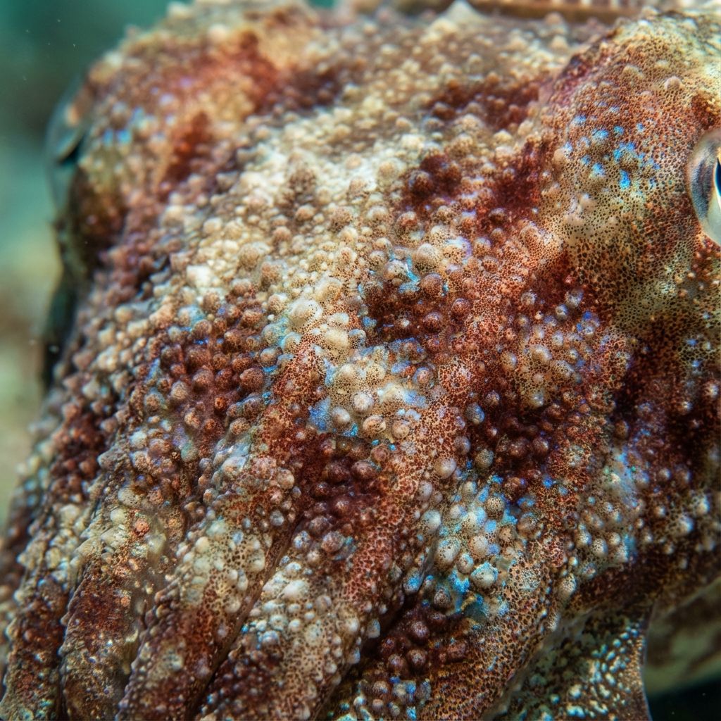 Extreme close-up of cuttlefish skin showing the bumpy texture of papillae and small pigment spots