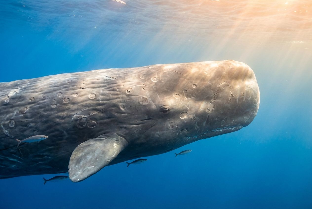 A sperm whale swimming with circular scars on its skin