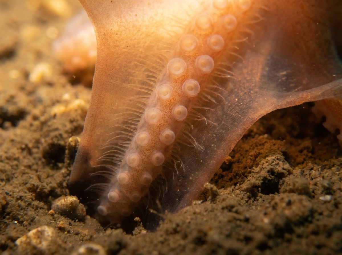 Close-up of Dumbo octopus arms showing webbing and tiny hairs