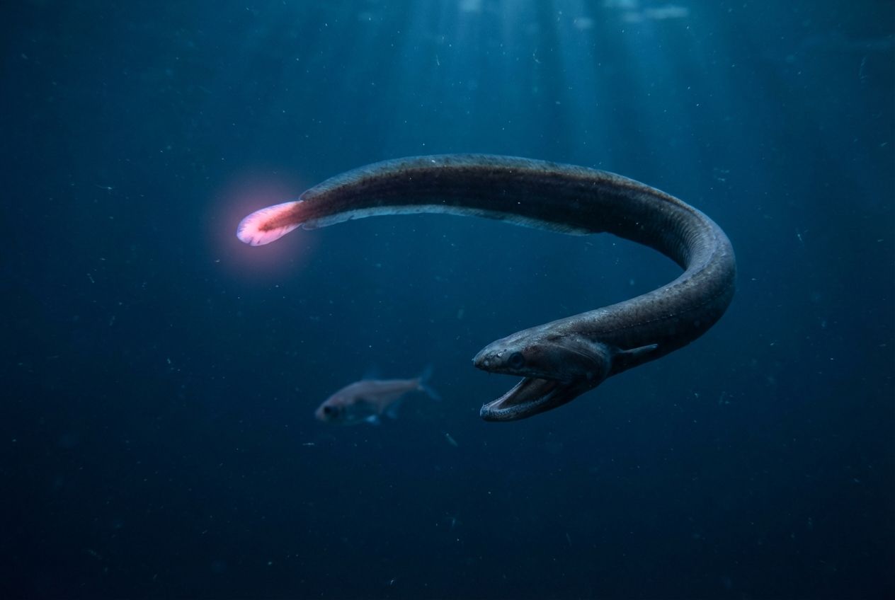 Close-up of the gulper eel's tail tip glowing pink in the dark water