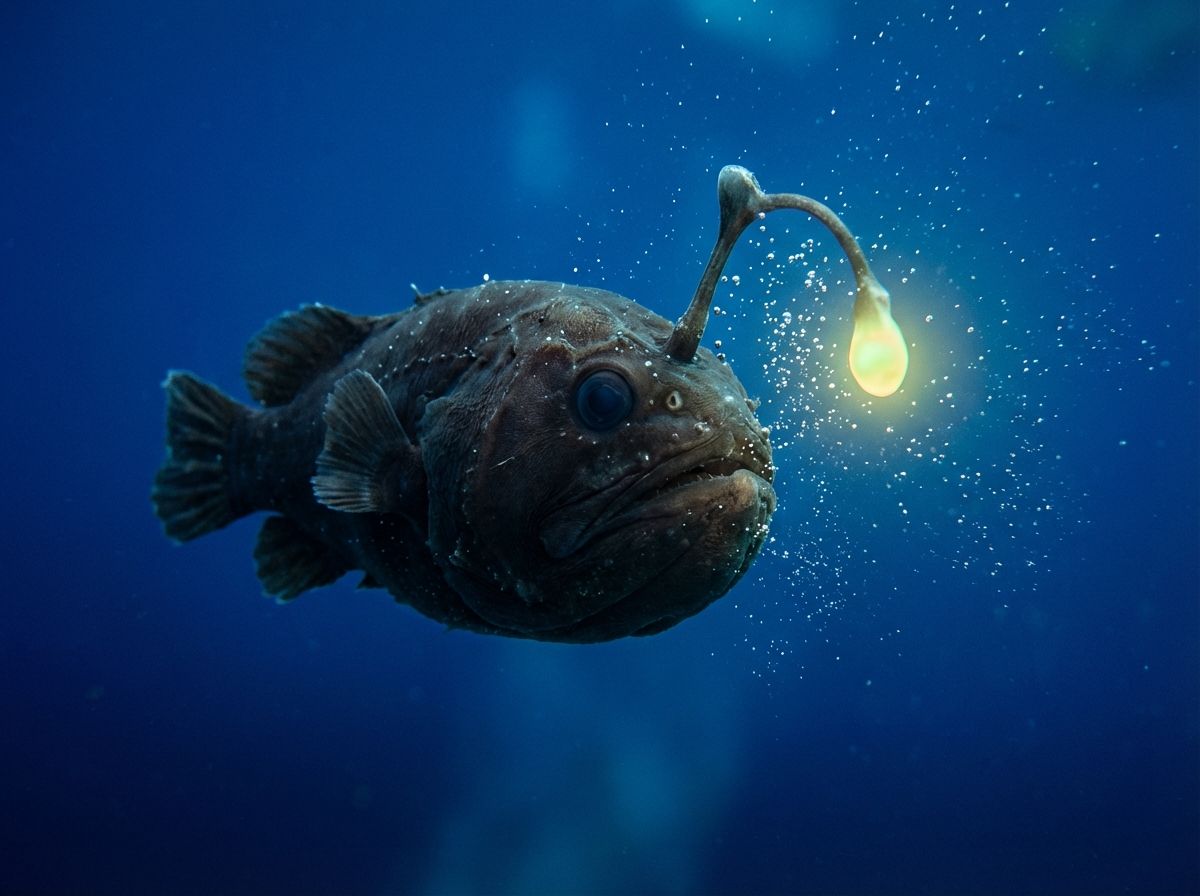A deep-sea anglerfish swimming with a glowing lure in front of its face