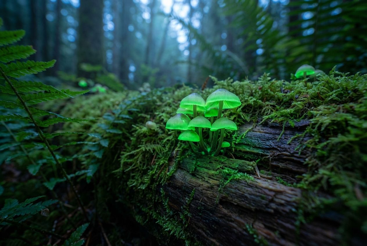 Green glowing mushrooms growing on a mossy log in a dark forest