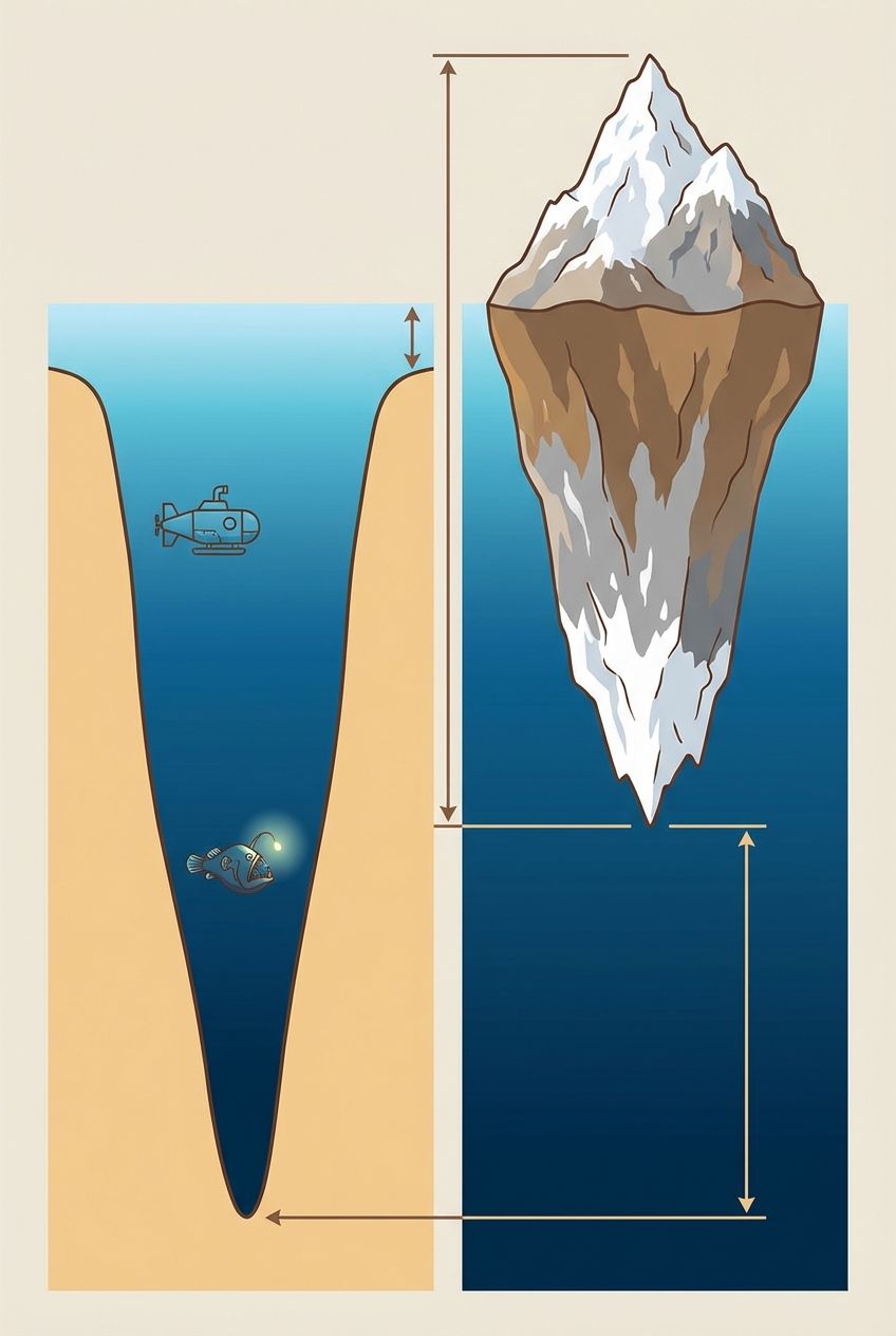 Illustration comparing Mount Everest's height to the Mariana Trench's depth