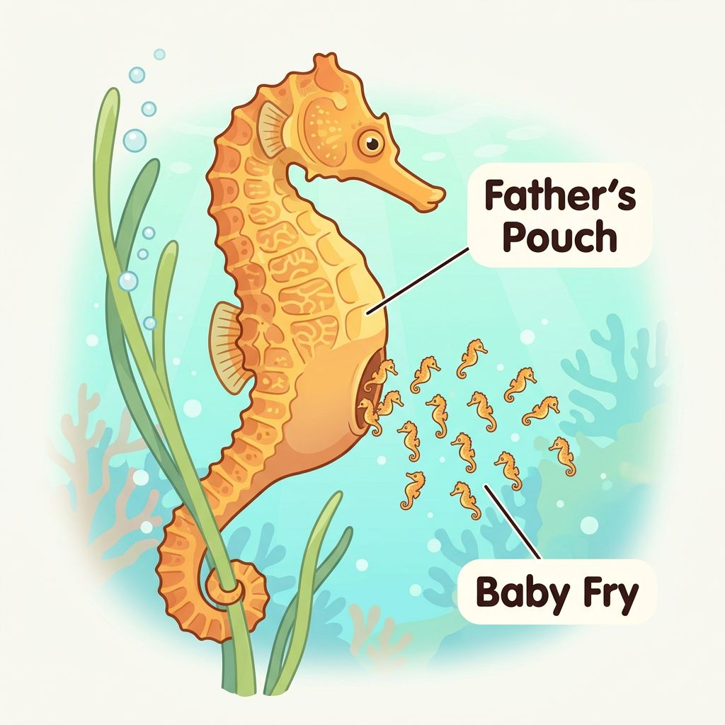 A father seahorse with tiny babies swimming out of its pouch