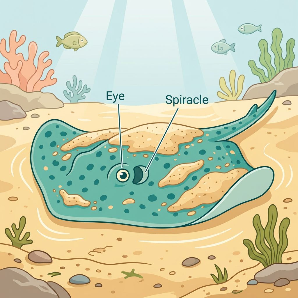 Illustration of a stingray showing eyes and breathing spiracles.