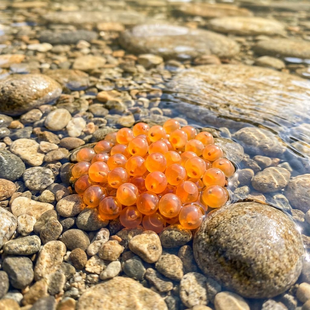 Bright orange salmon eggs nestled in riverbed gravel.