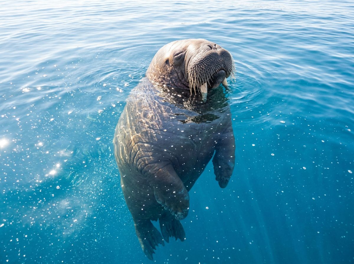 A walrus sleeping while floating vertically in clear blue water.