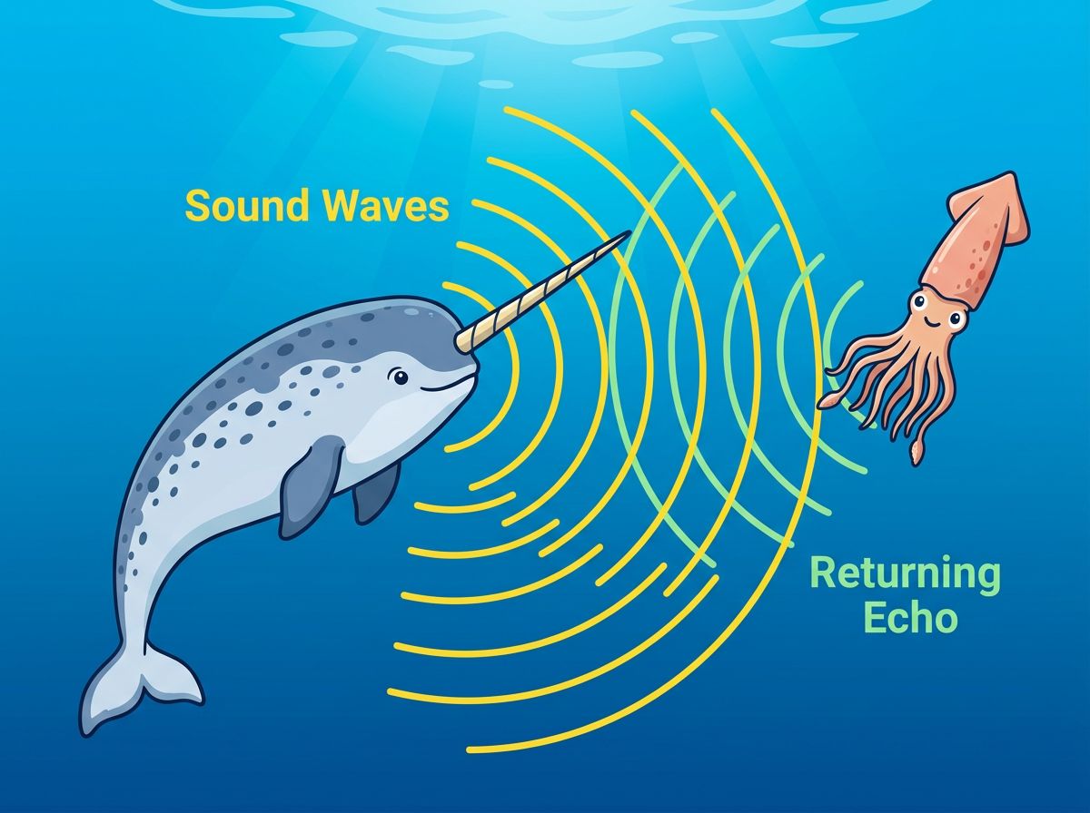Illustration of a narwhal using echolocation to find a squid
